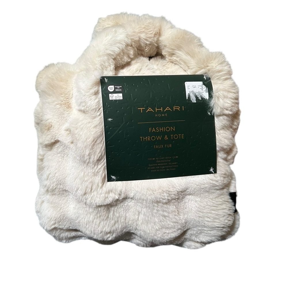 Tahari Home Fashion Throw & Tote Faux Fur Ivory Beige 50" x 60" Soft Fuzzy